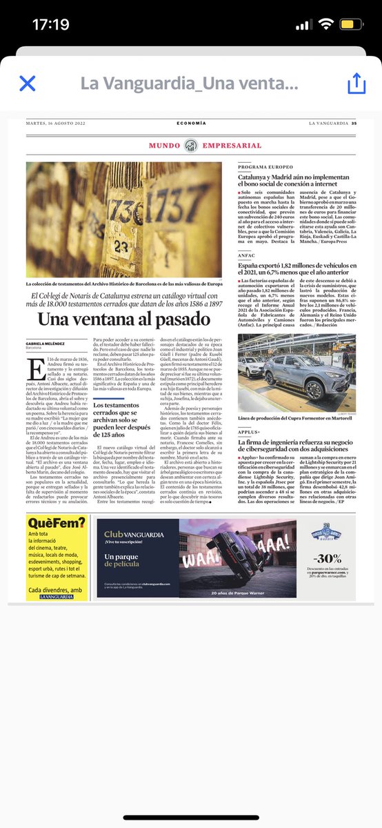 colnotaris's tweet photo. Avui a @LaVanguardia, “Una finestra al passat”. Sobre el nou catàleg online -d’accés lliure a través de la web de @colnotaris- amb els més de 18.000 testaments tancats de l’Arxiu Històric de Protocols de Barcelona.#APHB #testaments #notaris https://t.co/CnXHrScVp9