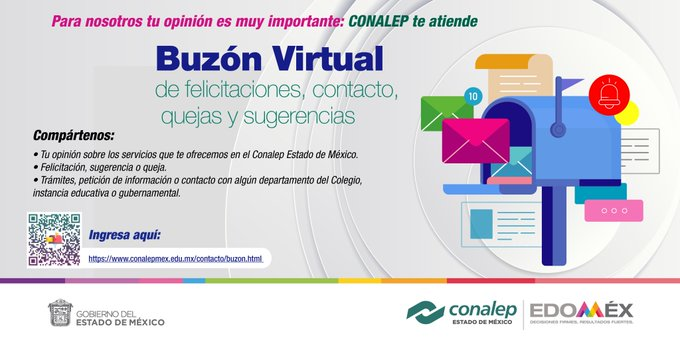 ConalepBQA's tweet photo. Para NOSOTROS tu opinión es muy importante y para
Conalep Estado de México te ofrece un Buzón Virtual de felicitaciones, contacto, quejas y sugerencias.
Ingresa a través:
https://t.co/vHCZBcVS2L
@israeljeronimo
@MarlonM20
@Conalep_Edomex https://t.co/acM0ifNinG
