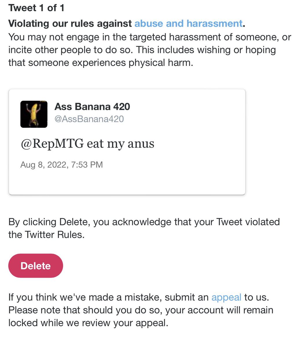 AssBanana420's tweet photo. Just got off my 1 week ban @RepMTG https://t.co/Oonk4qGeuY