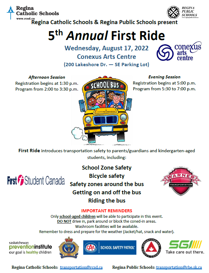 What's it like to ride on a school bus? Here's a great chance for students to find out. Aug 17. Afternoon and evening sessions. Registration at the event (Conexus Arts Centre SE parking lot.  Details on poster.