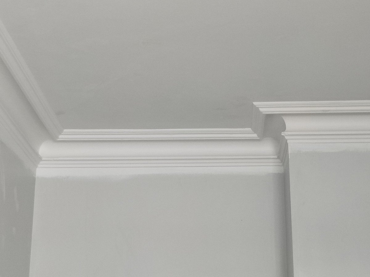 spadgetshouse's tweet photo. Day 2, ceiling has had the first coat watered-down as it's going on to bare plaster. Coving has its first coat of @FarrowandBall #Wevet 🤍🤍 and most of the fireplace is primed... https://t.co/9YhErmq4AT