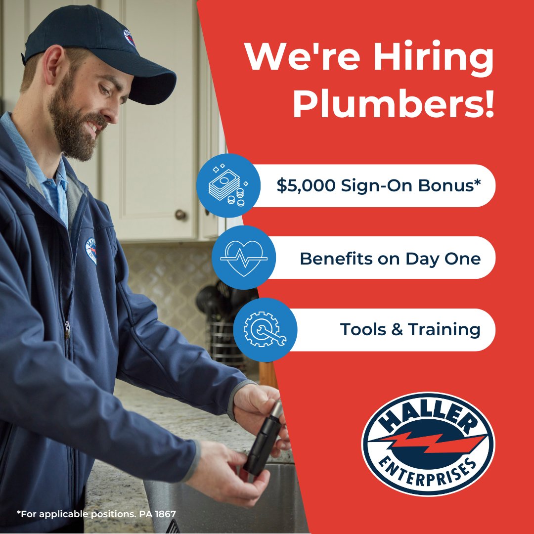 HallerEnt's tweet photo. Looking for Residential Plumbers to join our talented and supportive team!
You'll get:
1️⃣  Benefits starting on day one
🚐  A fully equipped van and annual tool allowance
🎓  Ongoing training and mentorship
💰  Plus a $5,000 sign-on bonus*!
Apply today: https://t.co/ubpu7Pvvzg https://t.co/GQcDwiQmZ6