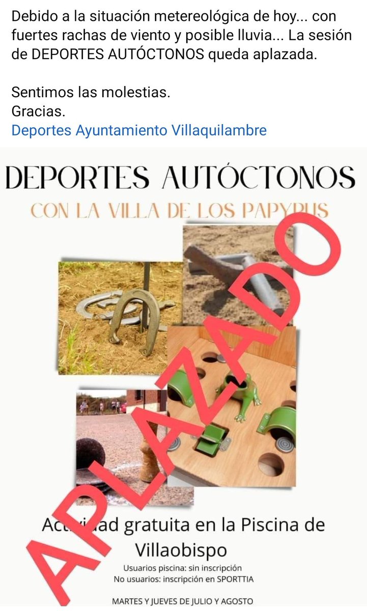 tuitpapyrus's tweet photo. Aplazada la sesión de DEPORTES AUTÓCTONOS en la piscina de Villaobispo. 
Sentimos las molestias 
@deportesvq https://t.co/e6SNneatXH