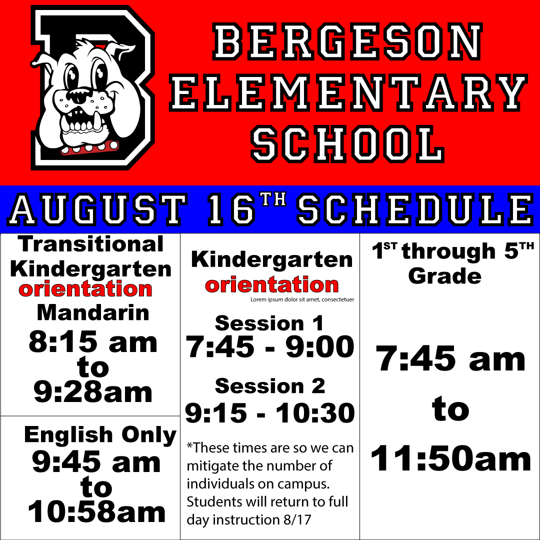 BergesonES's tweet photo. It's the first day of school Bulldog families! Don't forget today is a minimum day. #BeTheDog https://t.co/aqM7GWJtTg