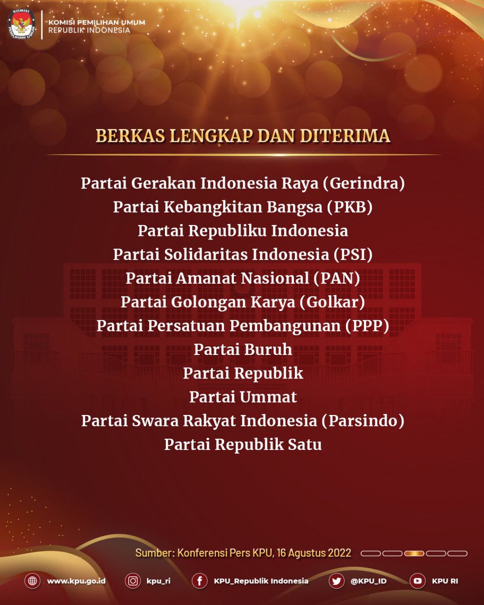 #TemanPemilih, kamu perlu tahu, inilah 24 partai politik yang berkas pendaftarannya sudah lengkap sebagai calon Peserta Pemilu 2024 dan 16 partai politik yang berkas pendaftarannya dikembalikan serta 3 partai politik yang tidak melakukan pendaftaran,