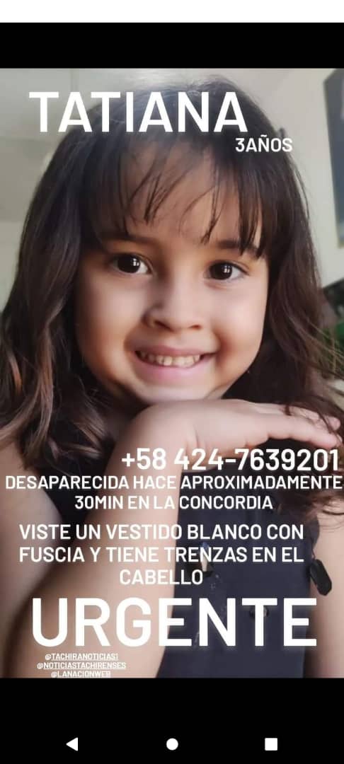 #Táchira Tatiana desapareció hoy cerca de Politáchira en el sector de La Concordia.
Cualquier información al 04247639201.
#16Ago