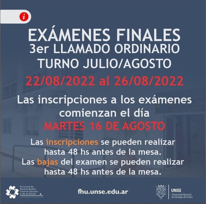 FUNyPUNSE's tweet photo. #IMPORTANTE Exámenes Finales! 📚
⏩ 3er llamado Ordinario de Julio/Agosto: Las inscripciones se habilitan hoy martes 16 de Agosto
‼️Las inscripciones podrán realizarse hasta 48hs antes de la mesa
‼️Las baja podrán realizarse hasta 48hs antes de la mesa
#FUNYP #UNSE https://t.co/WkCPntVneL