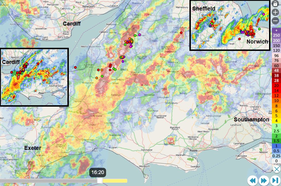 Netweather's tweet photo. #Thunderstorms this afternoon in Somerset, Gloucs and Norfolk on Netweather Radar. Dots are lightning strikes over time #Sferics Quite a rash, still edging NE into the evening. https://t.co/ush8NglKdu