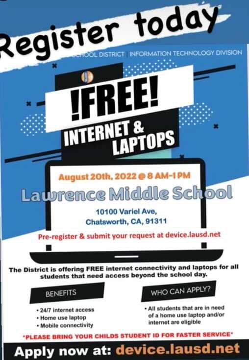 Free Internet/Laptops will be distributed Saturday August 20th. Pre-register at device.LAUSD.net
⁦<a href="/LAUSDSup/">Alberto M. Carvalho</a>⁩ 
⁦<a href="/LDNESchools/">LDNortheast-ARCHIVE</a>⁩ ⁦<a href="/LASchools/">Los Angeles Unified</a>⁩