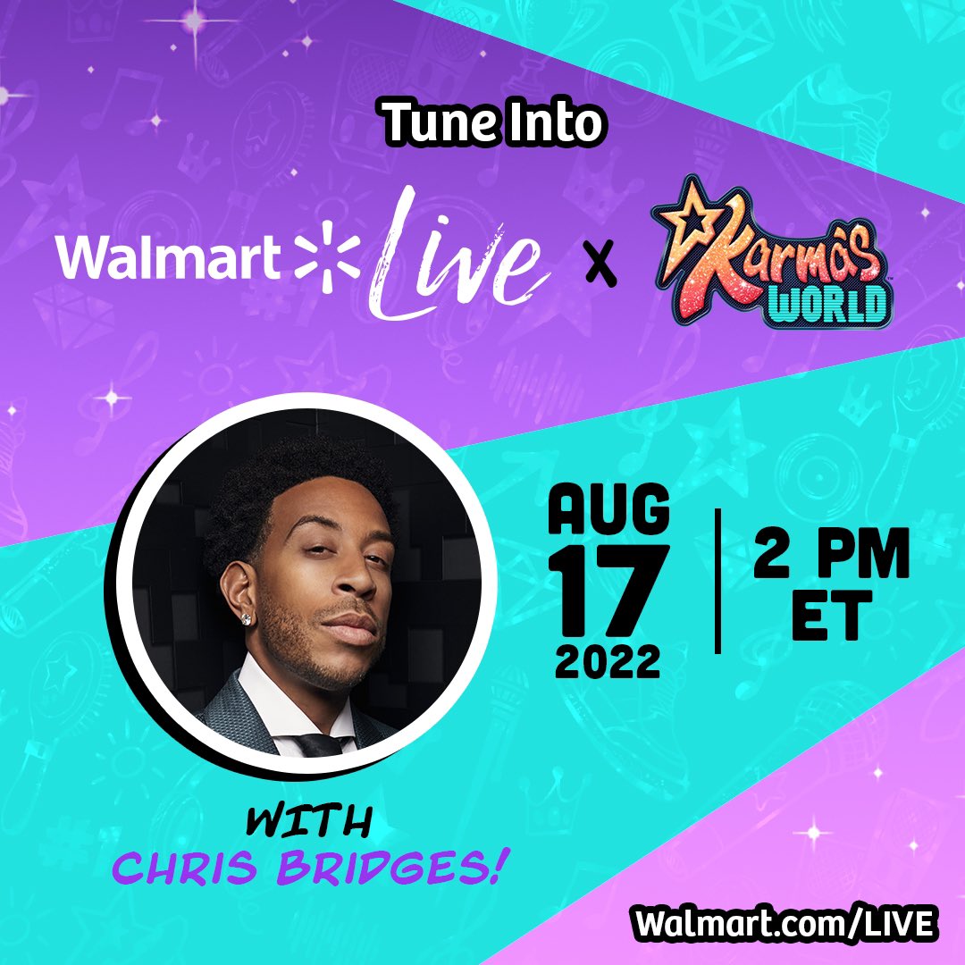 Join Chris <a href="/Ludacris/">Ludacris</a> Bridges for a <a href="/Walmart/">Walmart</a> shoppable livestream on 8/17 at 2 pm ET and shop all the best kids’ <a href="/Mattel/">MATTEL</a> merch from Karma’s World! 🎤🌟 

Tune in ➡️ Walmart.com/LIVE  

#KarmasWorld 
#Walmart 
#Mattel