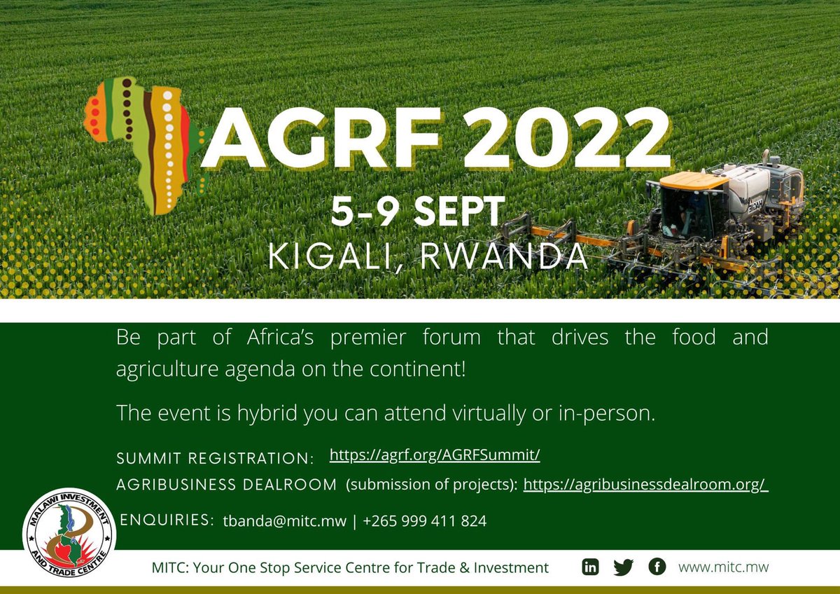 mchiphwanya1's tweet photo. An #opportunity to meet and interact with a diverse range of investors, financiers, and experts in the agriculture sector! Be part of the #AGRF Summit 2022 in Kigali, Rwanda from 5-9 September!  
#agriculture 
#investment https://t.co/DvennLakvA