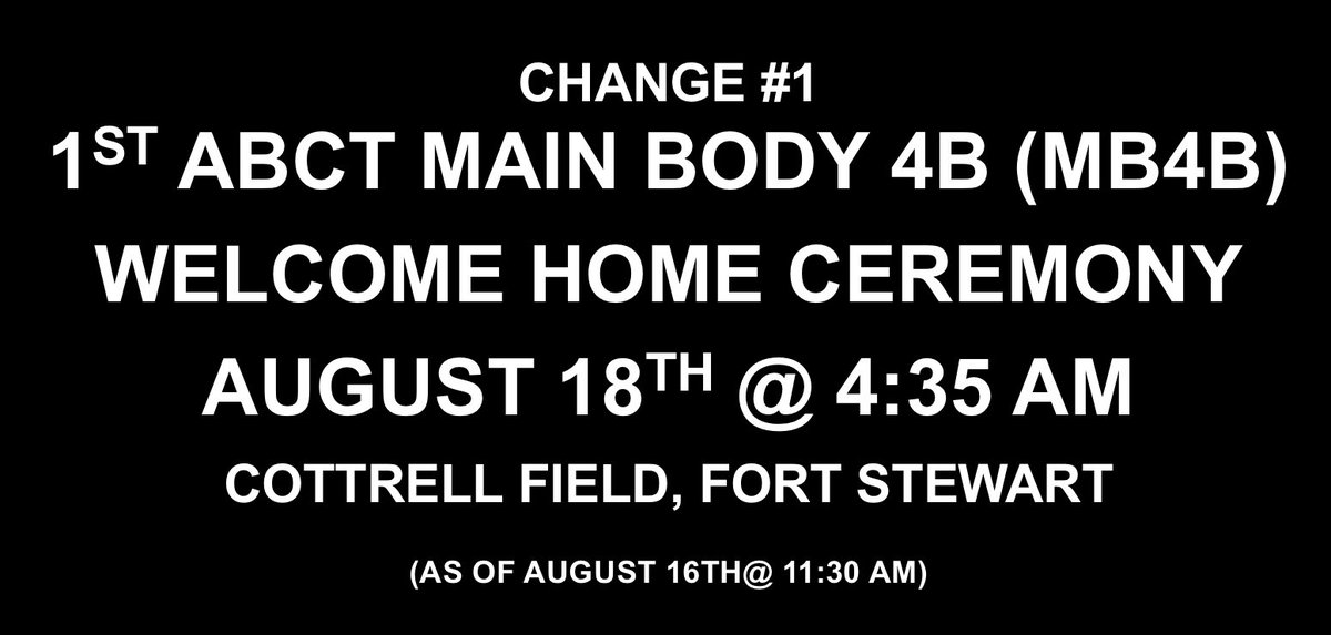 3rd_Infantry's tweet photo. CHANGE #1: Raider 1st Armored Brigade Combat Team, 3rd Infantry Division, 3rd Infantry Division Main Body 4B (MB 4B) Welcome Home Ceremony will be held on August 18th at 4:35 a.m. on Cottrell Field on Fort Stewart.
Updates:
https://t.co/5L83R0co5t
#RaidersFirst #ROTM https://t.co/hpswsPrvTG