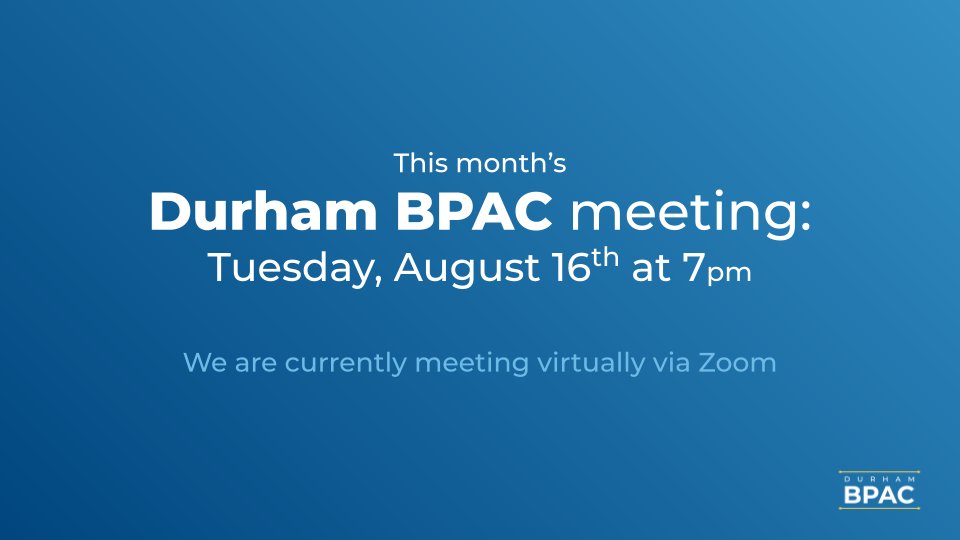 This month's Durham BPAC meeting will be held tonight, Tuesday, August 16th at 7pm via Zoom (link below).
All are welcome!
Zoom: zoom.us/j/92349600233
Past and upcoming agendas can be found here:
durhamnc.gov/AgendaCenter/D…