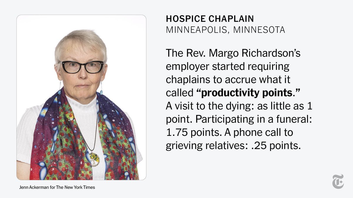 nytimes's tweet photo. Eight of the 10 largest private U.S. employers track the productivity metrics of workers, many in real time. 

And it's not just warehouse workers or truck drivers: Even some hospice chaplains have to accrue “productivity points” as they tend to the dying. https://t.co/6pmGy3Bi6m https://t.co/eCXE8QANK6