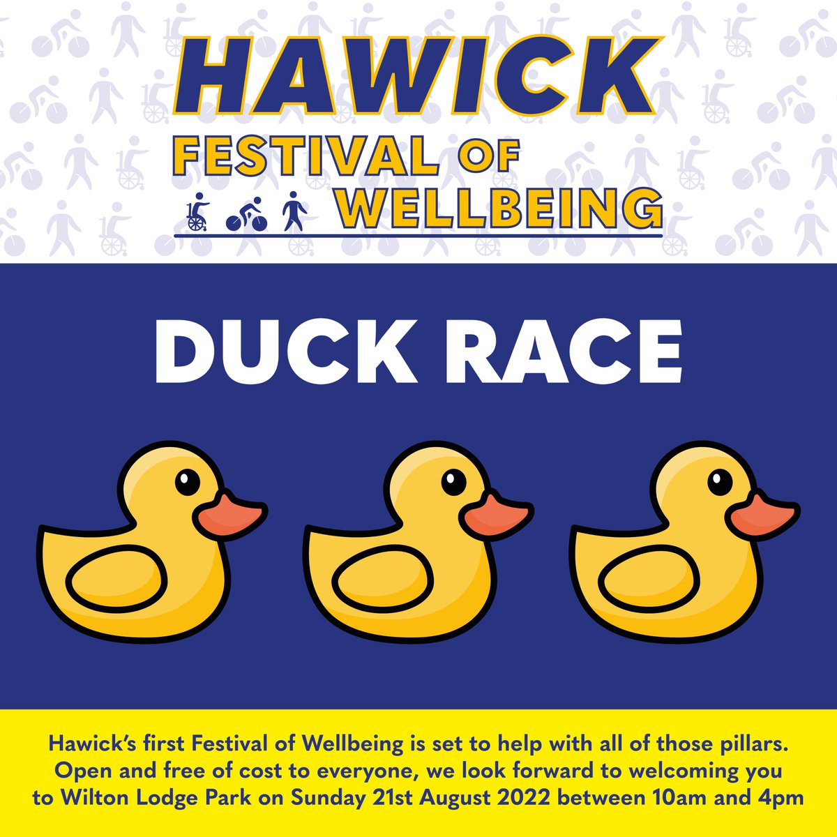 Hawick Festival of Wellbeing 
Sunday 21st August
10am - 4pm
Open and completely free to everyone!

Come and join us for The Mostroopers Duck Race at the Hawick Festival of Wellbeing.
To be held between the pumptrack and the cafe bridge. 
Ducks on their marks at Midday.