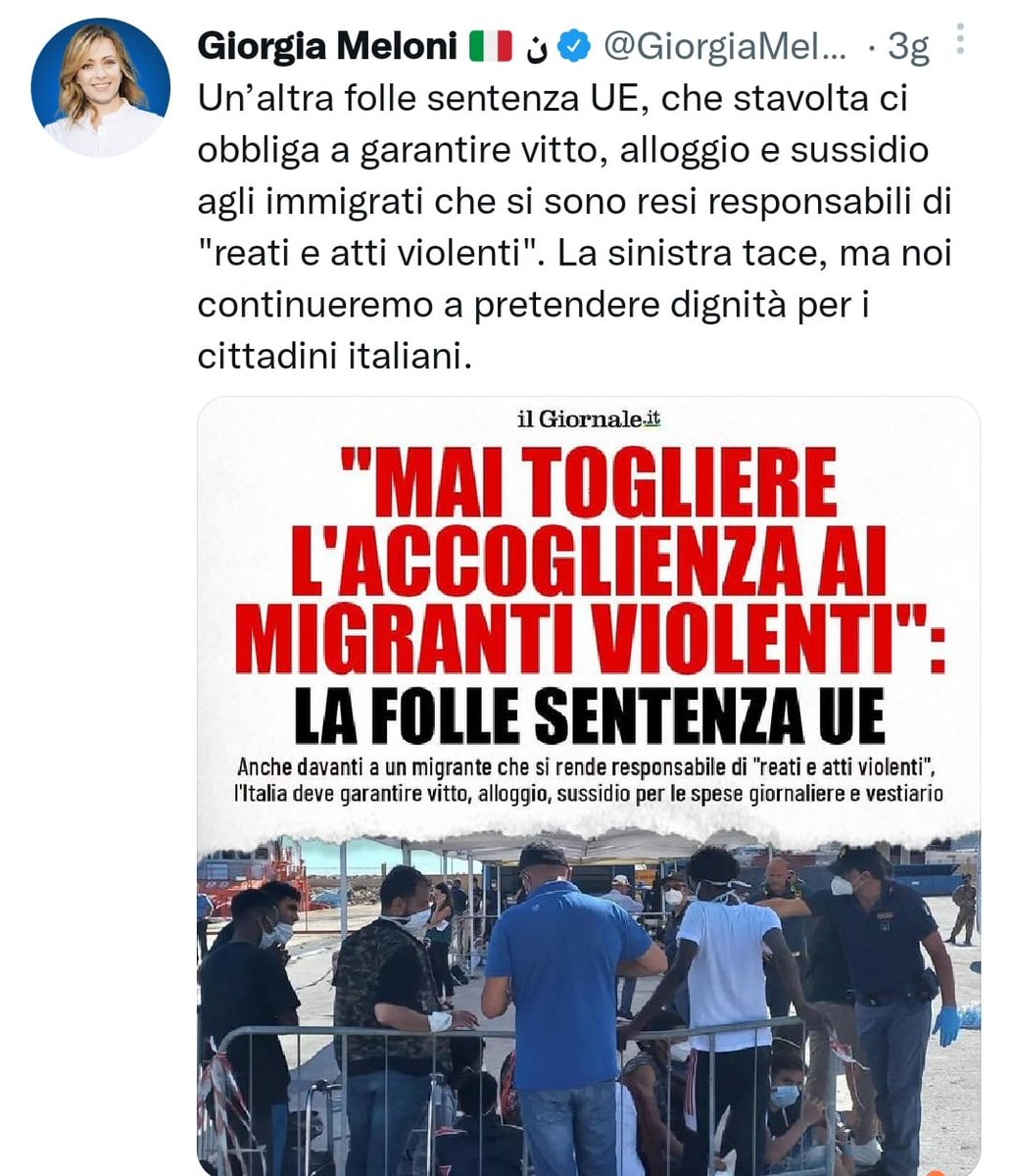 aboubakar_soum's tweet photo. NO, On. @GiorgiaMeloni! Non dica inesattezze! Studi la direttiva 2013/33/UE e il decreto 142 del 2015 e non continui propaganda stigmatizzazione “diverso”. Faccia riferimento a #Gazzetta Ufficiale invece di #IlGiornale. L’UE non istiga ad impunità! Un’insinuazione molto grave. https://t.co/T41bl55szI