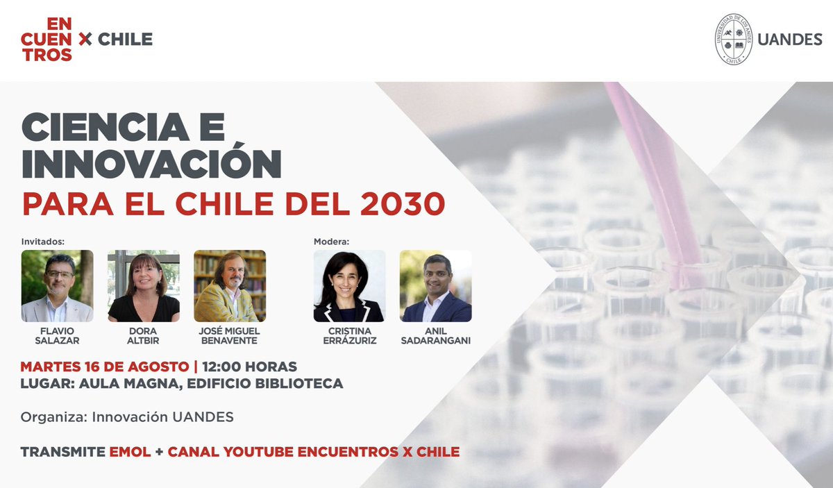Corfo's tweet photo. 🔴 Hoy a las 12:00 hrs. nuestro VPE @JMBenavente, el Ministro de @min_ciencia @DrFSalazar y la Premio Nacional de Ciencia Dora Altbir participarán de @EncuentrosxCL. Nos vemos 👉 https://t.co/icfJDC5V9D https://t.co/0KjPDhc2KC