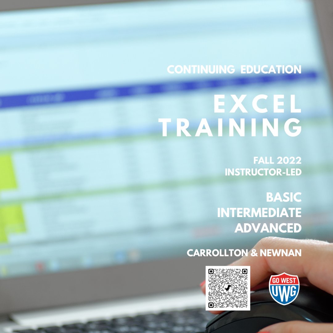 UWGContinuingEd's tweet photo. Learn Spreadsheets this Fall with Instructor-Led Excel 2019 Training at UWG Carrollton and Newnan. Basic, Intermediate and Advanced. Register online at https://t.co/qAqQJBjFsR or contact Brooklyn Layton at 678-839-6615 | blayton@westga.edu. https://t.co/mCA73qyPGT
