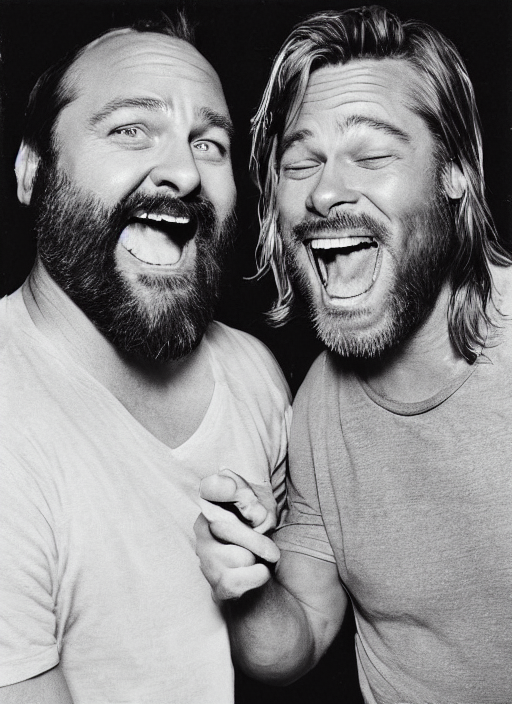 JeffWickliffe's tweet photo. I used an AI art program to make a photo of @tomsegura  and his bestie Brad Pitt sharing a laugh at @bertkreischer 's expense... The results are pretty glorious https://t.co/EtIEsYt5Is