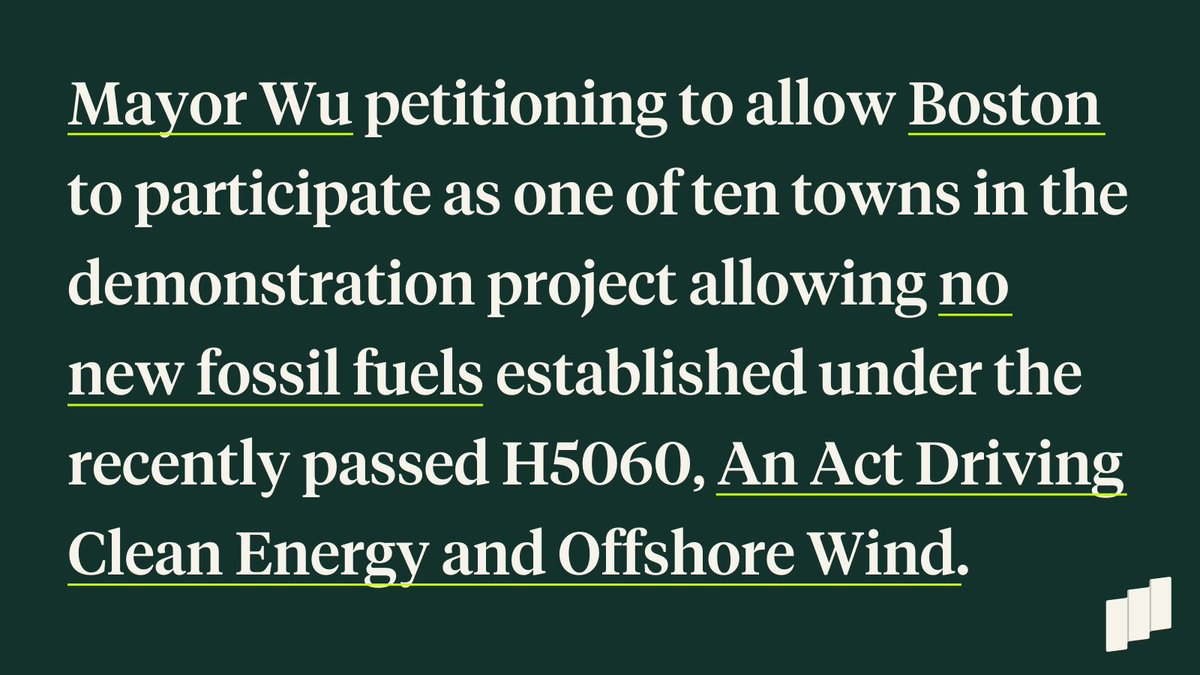 BosGreenRibbon's tweet photo. Today, the @CityOfBoston, led by @MayorWu, announced it will submit a home rule petition to allow #Boston to participate as one of the ten towns allowing no fossil fuels for new construction – a demonstration project established under the recently passed #MAClimateBill (H5060). https://t.co/pBhsvs4tDO