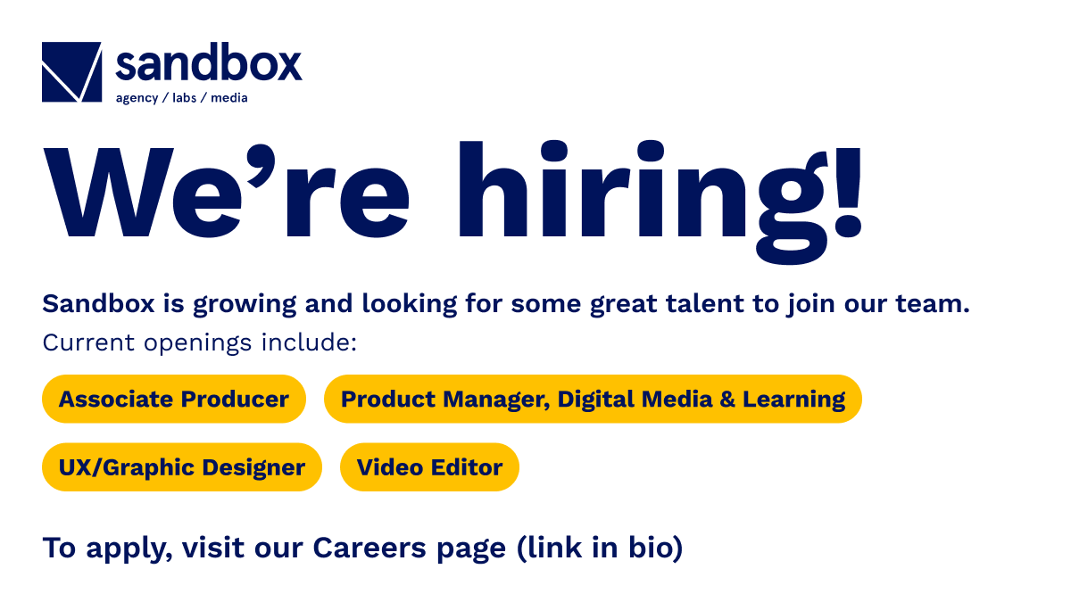 Come join our growing team! Visit sandboxinc.ca/about-us#caree… to learn more and apply. #hiring #HiringAlert #Techjobs #mediajobs #designjobs