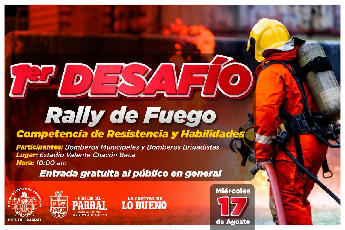 PCParral's tweet image. ¡Mañana, 1er Desafío “Rally de Fuego” organizado por el H. Cuerpo de Bomberos! 
Participarán 8 equipos en un evento que no tiene costo y es para toda la familia. ¡Te esperamos!