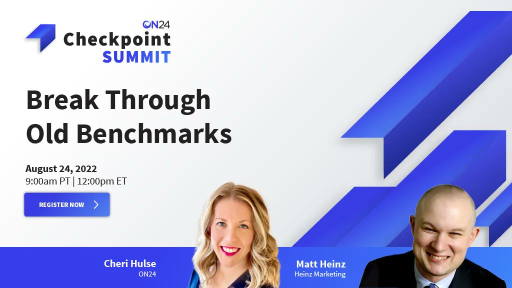 HeinzMarketing's tweet photo. It’s time to raise the bar! On August 24th at 9am PT | 12PM ET, I'll be presenting with @Cheri29 about our “3 Predictions to Break Through the Benchmarks.”
Get ready to recalibrate for #marketing success. Register now for the #ON24 #checkpointsummit: https://t.co/cqoxt5OnxL https://t.co/Ht8D8XxfKk