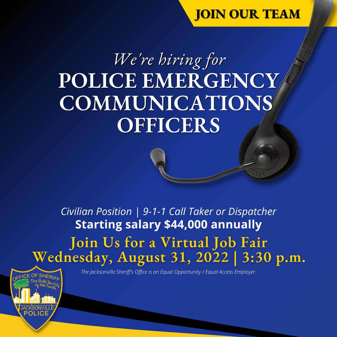 JSOPIO's tweet photo. #JSO is hiring for Police Emergency Communication Officers! This is one of the most important civilian jobs within JSO! If you’re interested or have questions, join us for a #virtualjobfair on 8/31 @ 3:30pm.
https://t.co/FO4jmMXD9m
#PECO #JoinJSO #civiliansinlawenforcement https://t.co/54FZgUbCeo