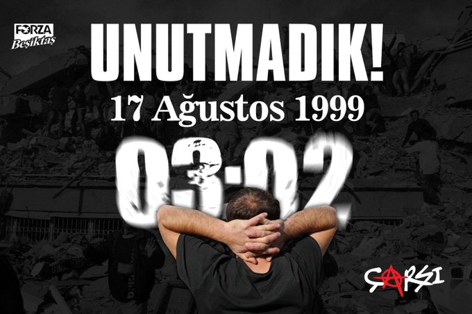 17 Ağustos 1999 saat 03:02 eksildik uykuda...
şehirde eksildik, en çok, en fazla, en şiddetli sallanırken beşik gibi...
geçemedik eşikleri, geçsek kurtulacaktık bir çoğumuz... eksildik uykumuzda...

unutmadık #17Agustos1999