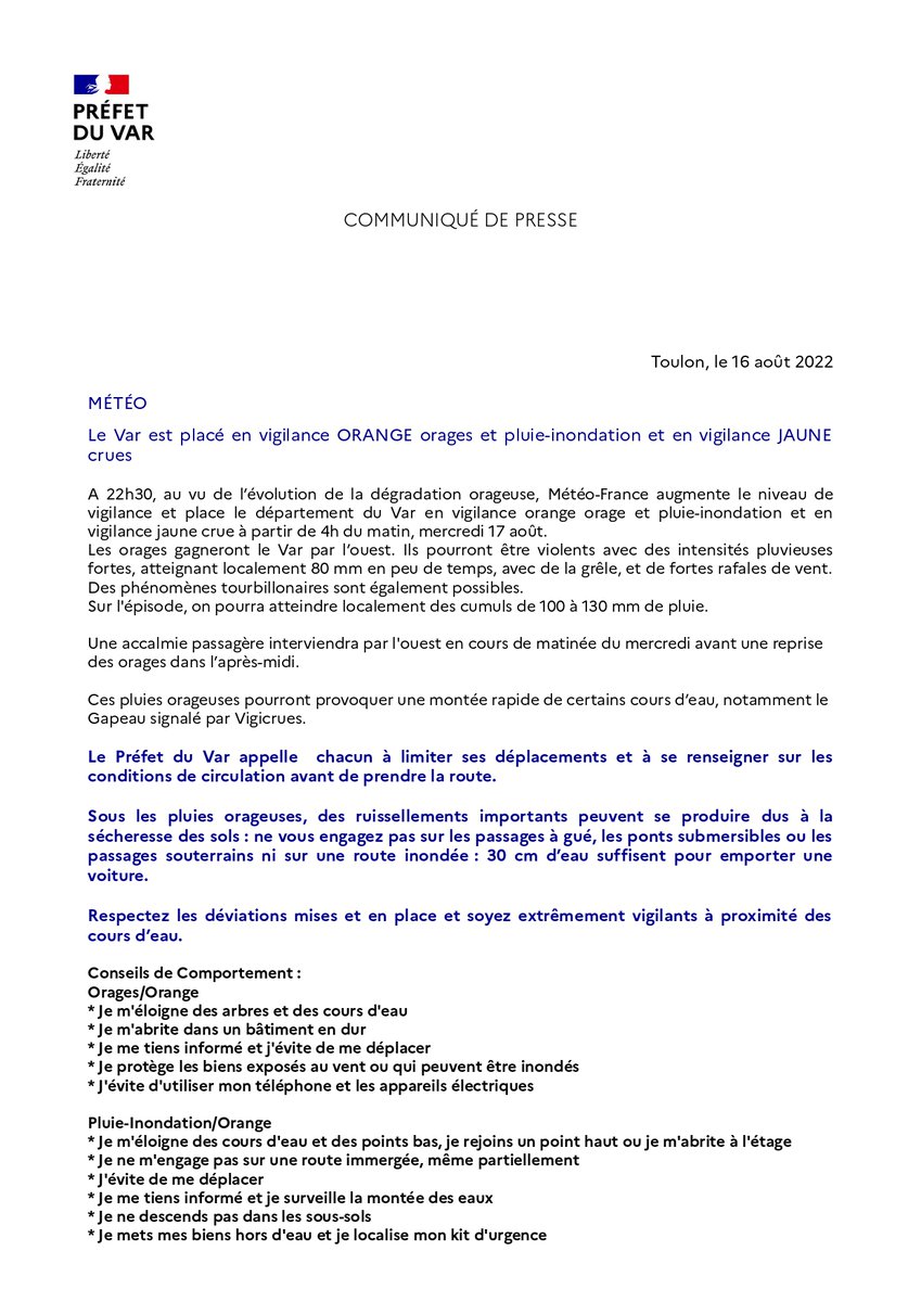 Prefet83's tweet photo. #METEO83 |⚠️Météo-France augmente le niveau de vigilance pour le #Var.
🟠Mercredi 17 août à partir de 4h du matin, le #Var est en vigilance ORANGE orages et pluie-inondation et vigilance jaune crues.
⚠️Limitez vos déplacements et soyez très prudents à proximité des cours d'eau https://t.co/WgbEMZLDAu