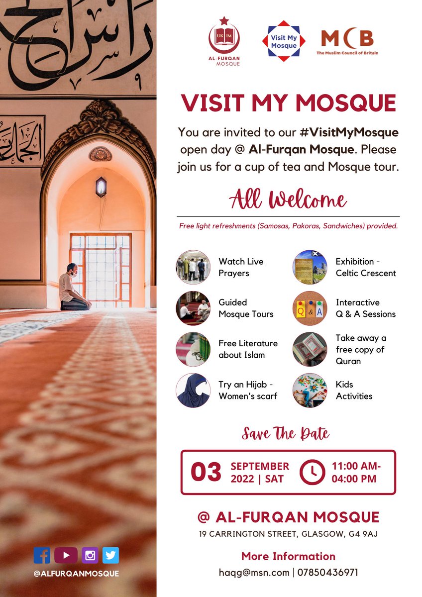 alfurqanmosque's tweet photo. Please come along to our #VisitMyMosque open day @ Al-Furqan Mosque. Join us for a cup of tea and Mosque tour. Saturday, 3rd September 2022 - 11 am to 4 pm.
All Welcome - Gents, Ladies, and Kids.
Free light refreshments will be served.
#VisitMyMosque
#mosqueopenday https://t.co/Kpipa9d6Ts