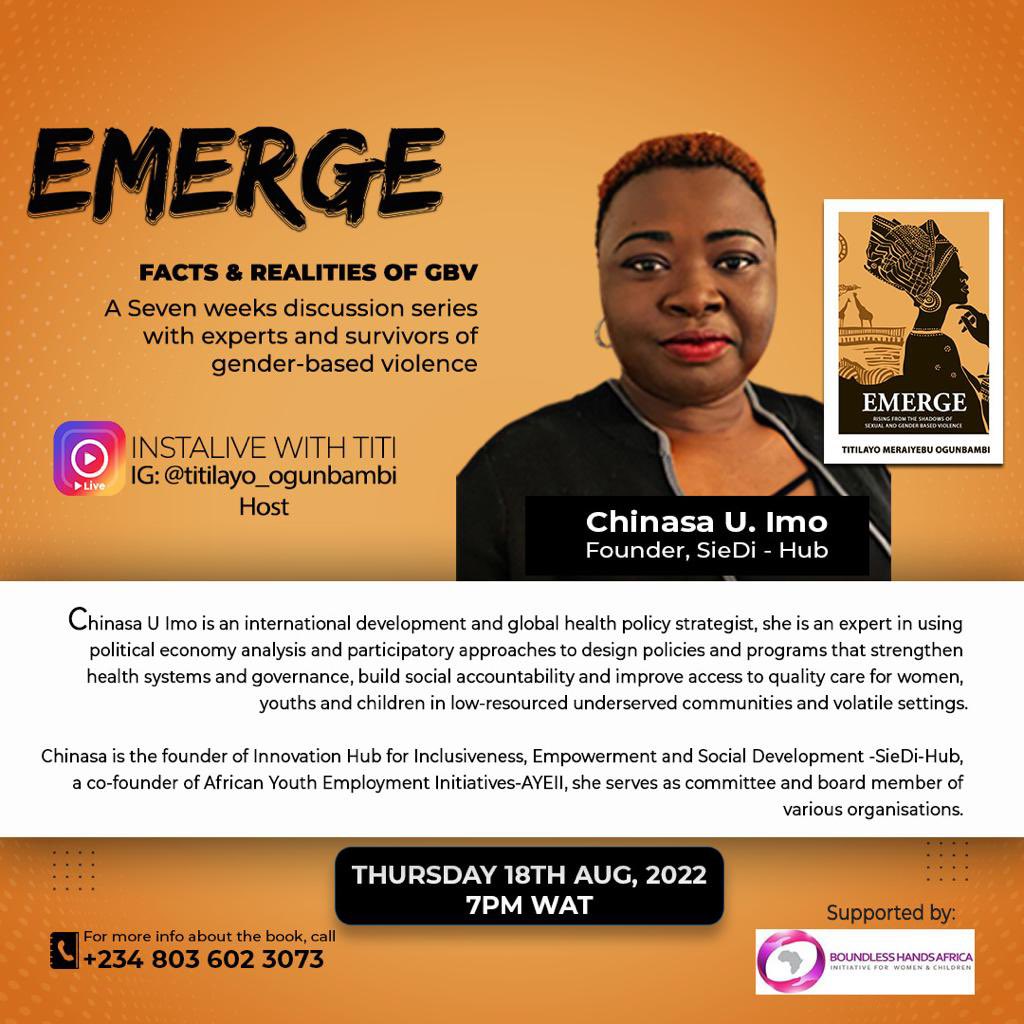 siedihub's tweet photo. Join @betziny as she discusses with @tityski on ‘How we can use global health systems and policies to combat the impacts of #GBV on womens health’ 

18th August 2022, by 7PM WAT

IG Live with Titi @titilayo_ogunbambi 

@BoundlessHands @TokeloPodile @WomenDeliver @unwomenafrica https://t.co/fCrIhkj3tD