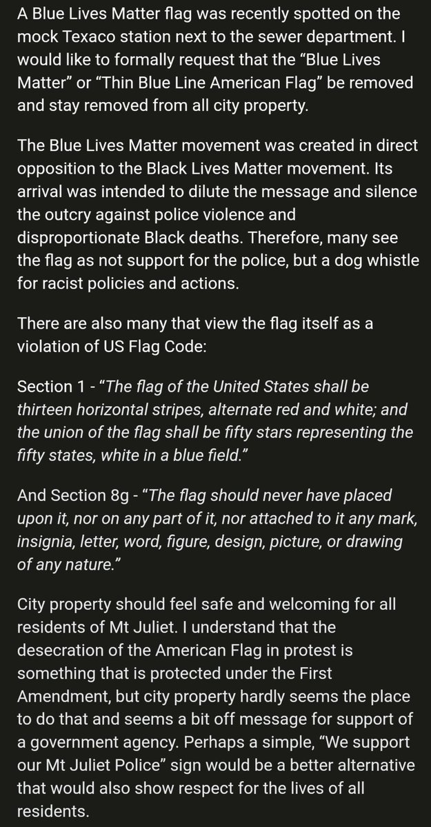 TheTNHoller's tweet photo. UPDATE: We obtained the calm, reasoned email sent to MT. JULIET about a Blue lives matter flag on city property that triggered vice mayor Ray Justice so hard that he said “don’t bring your liberal leanings here” — before deleting it… Judge for yourself.👇🏽 https://t.co/qaLBDlyN4S