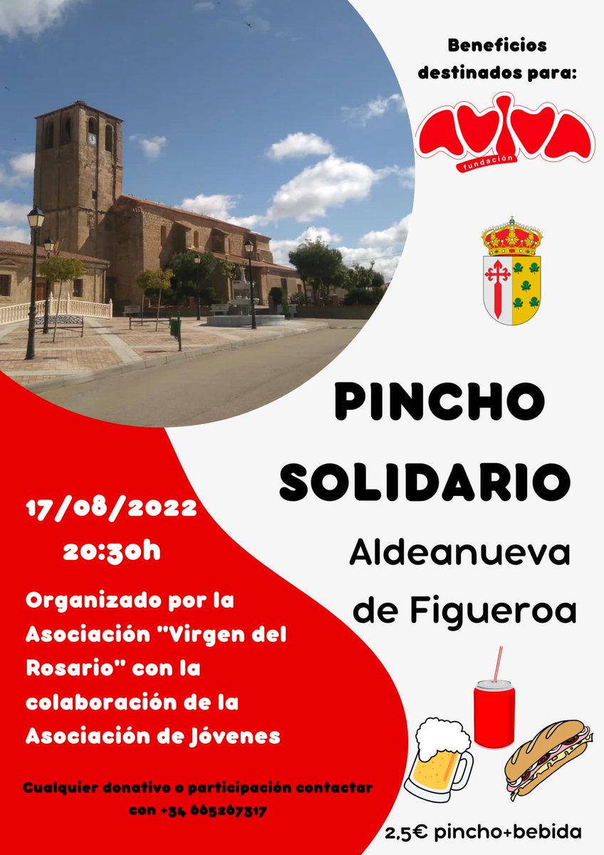 Mañana estaremos presentes en la 8°celebración del Pincho solidario que este año destina lo recaudado para apoyar los programas de AVIVA. A partir de las 20.30h por la plaza del pueblo y disfrutar del ambiente, las casetas de pinchos y DJ en directo. Te esperamos! ❤️
#somosAviva