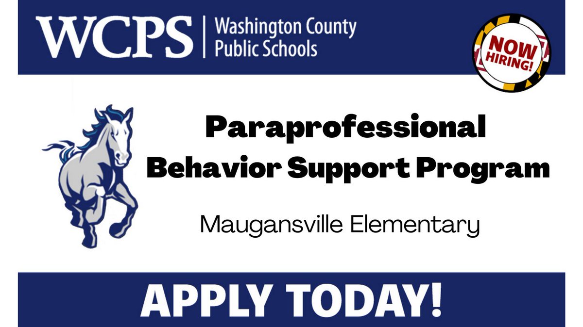 Maugansville Elementary School is accepting applications for Paraprofessional Behavior Support Program. Apply today at wcpshr.com

WCPS is offering 2% additional compensation to new, eligible employees in addition to base salaries for the 2022-2023 school year.