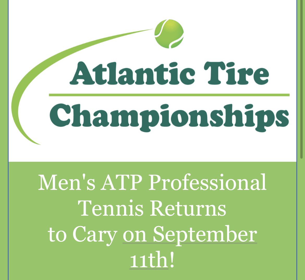 CaryTennClassic's tweet photo. The Town of Cary is excited to announce the return of the Atlantic Tire Championships from September 11-18 at the award-winning Cary Tennis Park. 

For more information, please visit https://t.co/kUbJKZivKC. https://t.co/GGeSfIz3s0