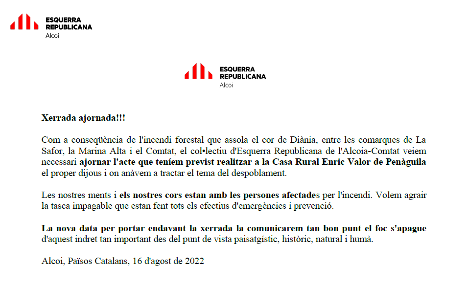 AlcoiaComtat's tweet photo. Hola, @les_muntanyes! Aquest acte que teníem programat (https://t.co/ZzFhJv7ujU) l'hem ajornat com a conseqüència de l'incendi forestal. Disculpeu les molèsties! #Penàguila #Alcoi #Benimassot #Fageca #Famorca #Tollos #Planes https://t.co/QxeszEF4RA