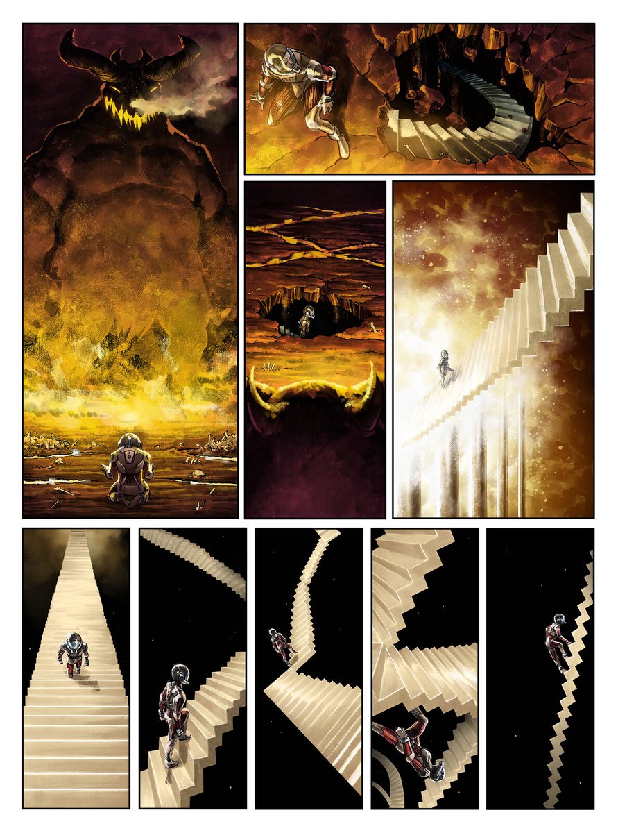 PrimalSarah's tweet photo. @HeavyMetalInk Issue 306 had this story "Euclid". A guy travels to the edge of space and crashes into a staircase. It leads him to what appears to be heaven at first, but turns out to be more like hell. The guy is forced to walk the stairs eternally. https://t.co/DYm6Orclob