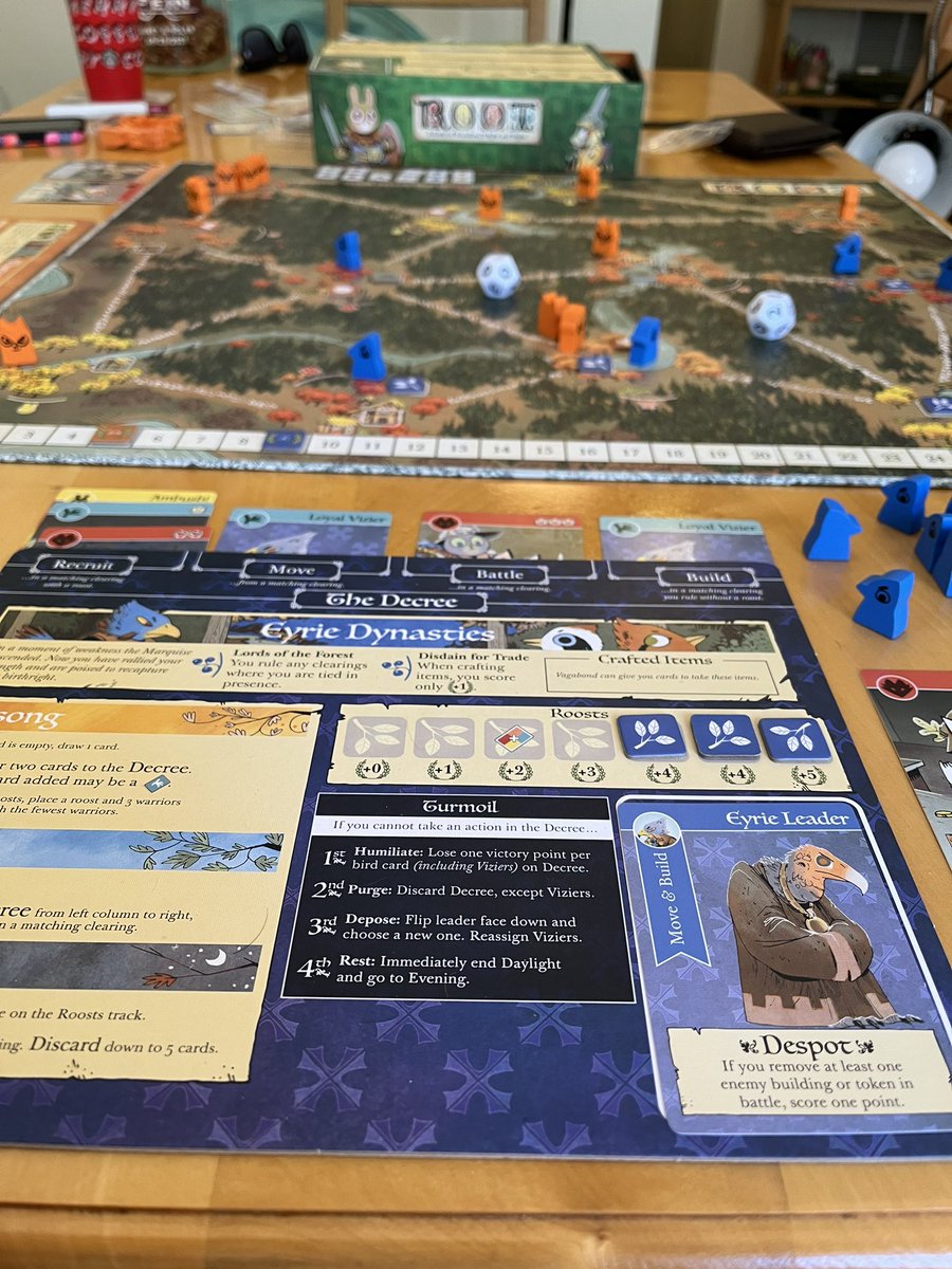 TheFeinsGaming's tweet photo. Trying not to go into turmoil is the most stressful part of playing as the Eyrie Dynasties in Root by @LederGames. Damn their decree!!
#boardgames #tabletopgames #fun #gamenight https://t.co/0vyfrENKgV