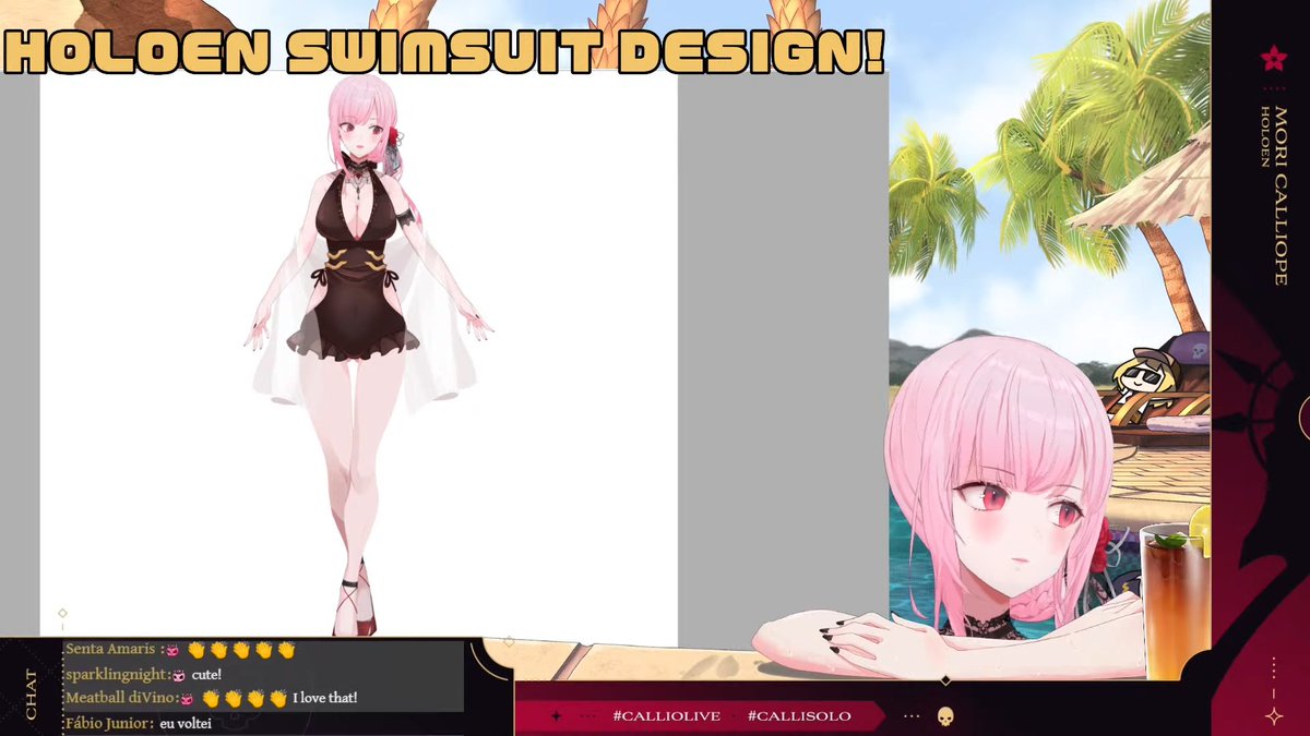 CalliOutfits's tweet photo. Mori was wearing her swimsuit today! 😳 And we even got to see her design it! Not only that, but Ame and Kiara also got some nice swimsuits by our lovely Reaper. Just... don't forget the sunscreen...
#calliolive #DeadBeats https://t.co/f08PRXPiil