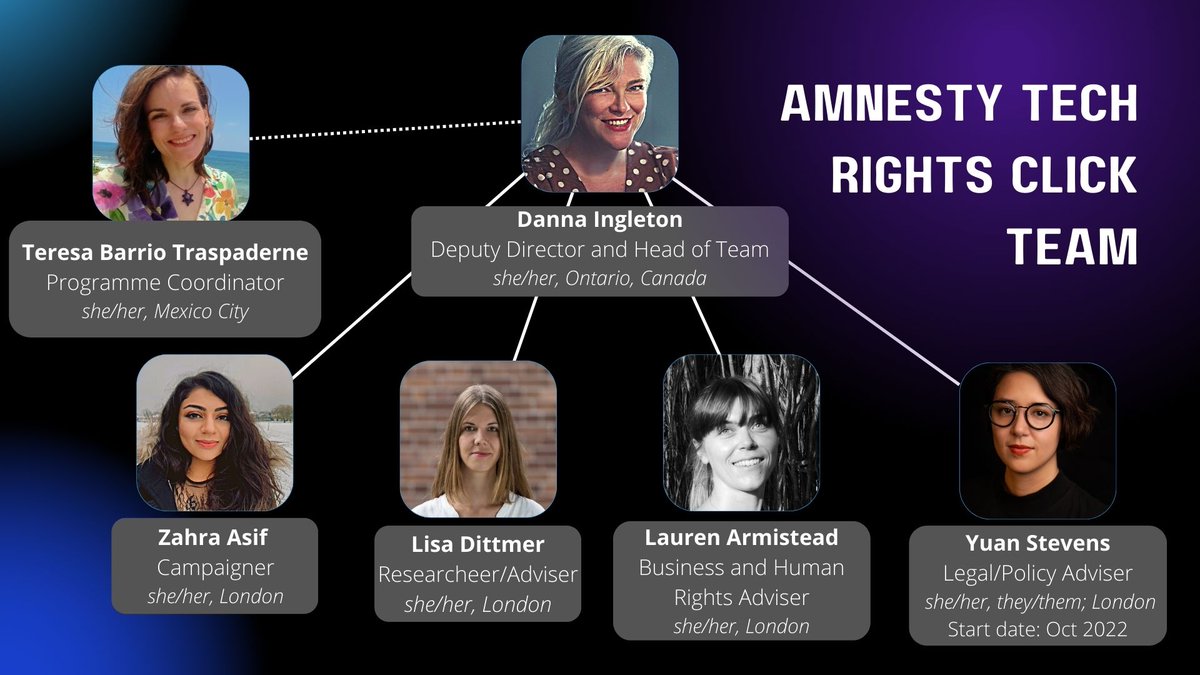 Ingleton's tweet photo. Our @AmnestyTech #rightsclick team is now fully staffed & i'm thrilled to work everyday with the brilliant Lauren Dean Armistead (BHR Adviser), @lisdittmer (Researcher), @zahrasalmanasif (Campaigner), @tbtraspa (Programme Coordinator) and a soon to start @ystvns (Policy Adviser) https://t.co/aKPppm6Ake