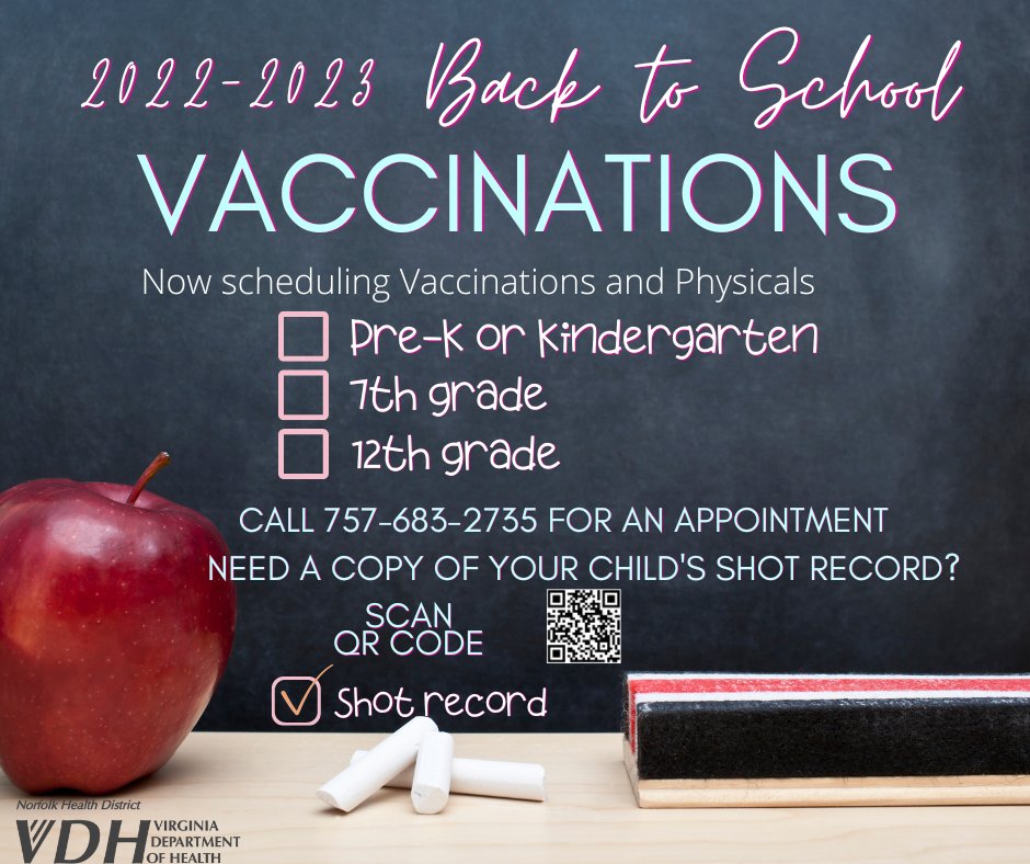 NPSchools_VA's tweet photo. ATTENTION PARENTS: The @VDHgov is now scheduling back-to-school vaccinations for Pre-K, Kindergarten, 7th &amp; 12th-grade students. To schedule an appointment, call 757-683-2735. Bring a copy of your child’s shot record. Scan the QR code in the flyer below to get a copy. ♥️😎🏤 https://t.co/N4m11dPNjn