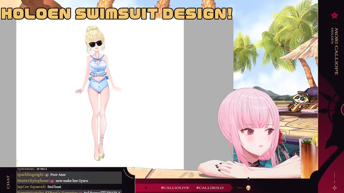 CalliOutfits's tweet photo. Mori was wearing her swimsuit today! 😳 And we even got to see her design it! Not only that, but Ame and Kiara also got some nice swimsuits by our lovely Reaper. Just... don't forget the sunscreen...
#calliolive #DeadBeats https://t.co/f08PRXPiil
