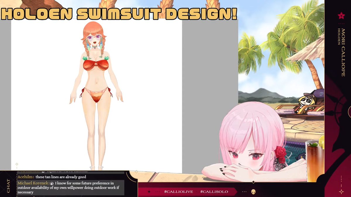 CalliOutfits's tweet photo. Mori was wearing her swimsuit today! 😳 And we even got to see her design it! Not only that, but Ame and Kiara also got some nice swimsuits by our lovely Reaper. Just... don't forget the sunscreen...
#calliolive #DeadBeats https://t.co/f08PRXPiil