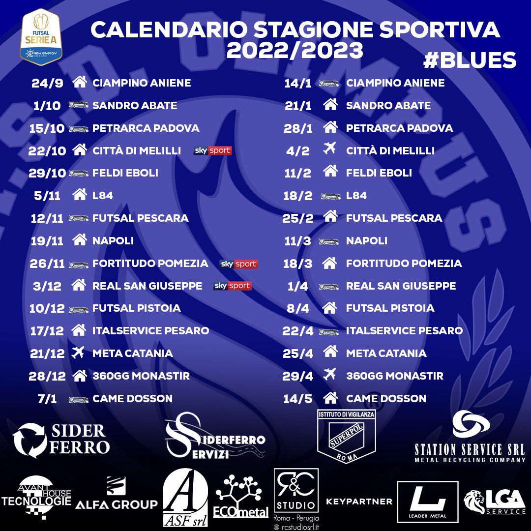 Il calendario dell’Olimpus Roma 
stagione 2022/2023

#Blues #ForzaOlimpus