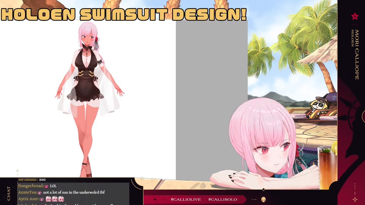 CalliOutfits's tweet photo. Mori was wearing her swimsuit today! 😳 And we even got to see her design it! Not only that, but Ame and Kiara also got some nice swimsuits by our lovely Reaper. Just... don't forget the sunscreen...
#calliolive #DeadBeats https://t.co/f08PRXPiil