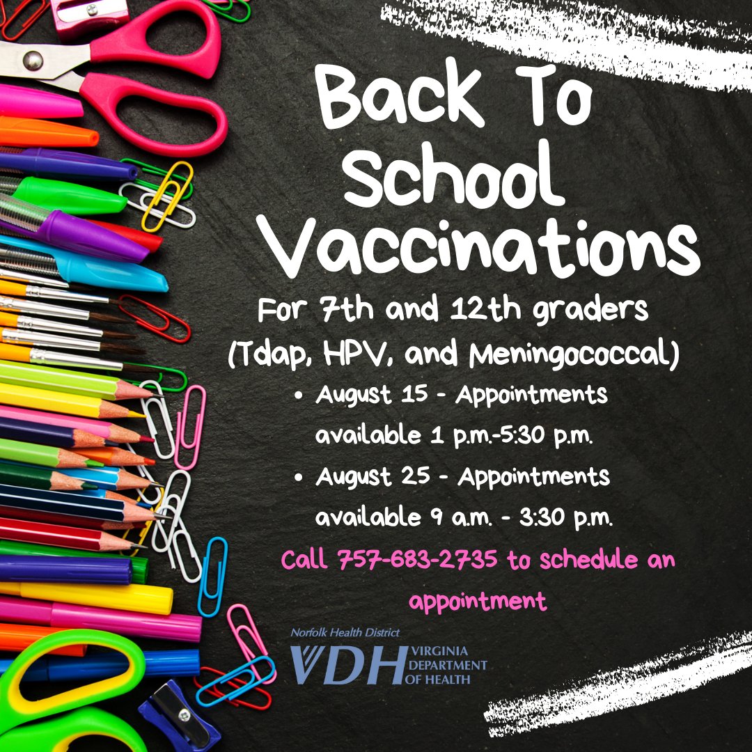 ATTENTION PARENTS: The <a href="/VDHgov/">Va Dept of Health</a> is now scheduling back-to-school vaccinations for Pre-K, Kindergarten, 7th &amp; 12th-grade students. To schedule an appointment, call 757-683-2735. Bring a copy of your child’s shot record. Scan the QR code in the flyer below to get a copy. ♥️😎🏤