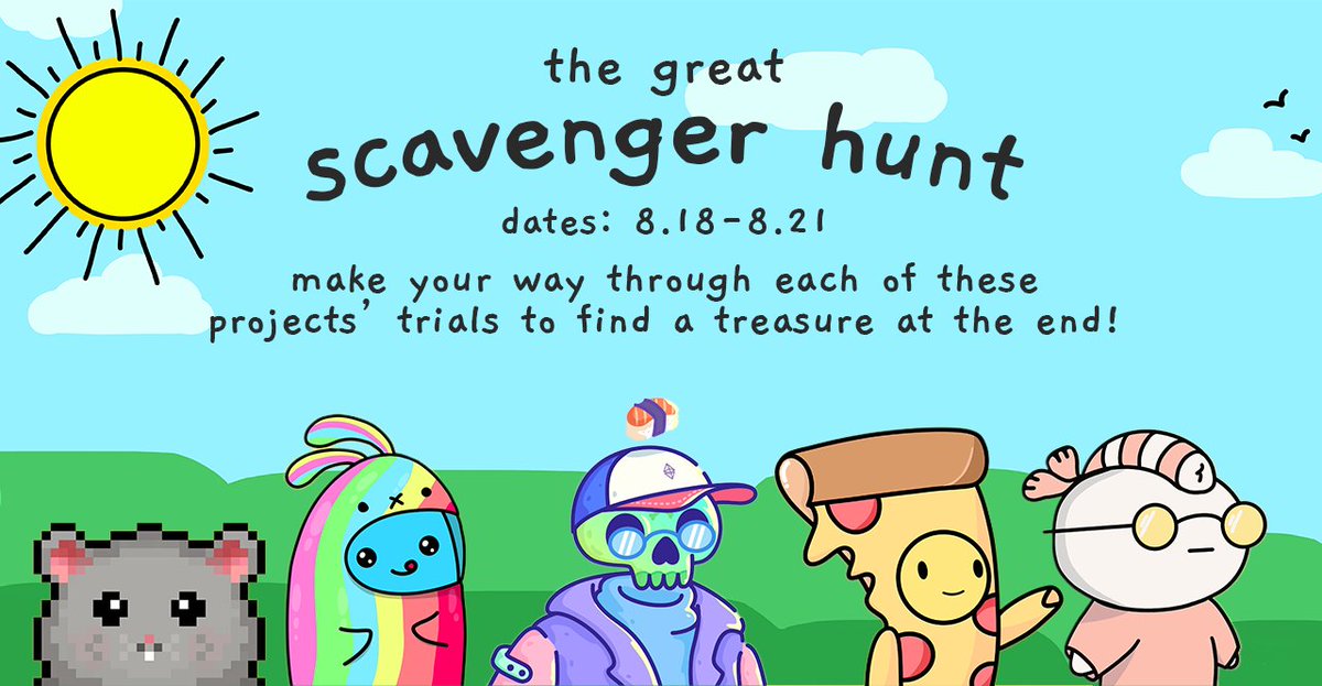 Calling all rats to the GREAT SCAVENGER HUNT!🐭🔎 

There will be prizes 🔥🎁👀

The inter-community adventure starts in our server!
<a href="/SubwayRatsNft/">SubwayRats</a>
<a href="/meemosworld/">meemo's world nft</a>
<a href="/TastyBonesNFT/">Tasty Bones ☠️</a>
<a href="/FoodFightersU/">Food Fighters Universe</a>
 
More info👇👇👇
discord.gg/SubwayRats