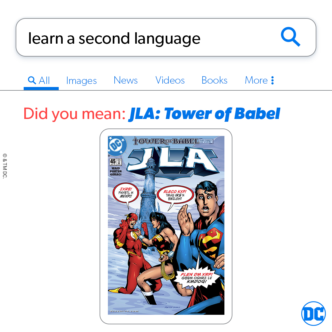 Search bar: "learn a second language" -- Did you mean: "JLA: Tower of Babel"? with comic cover