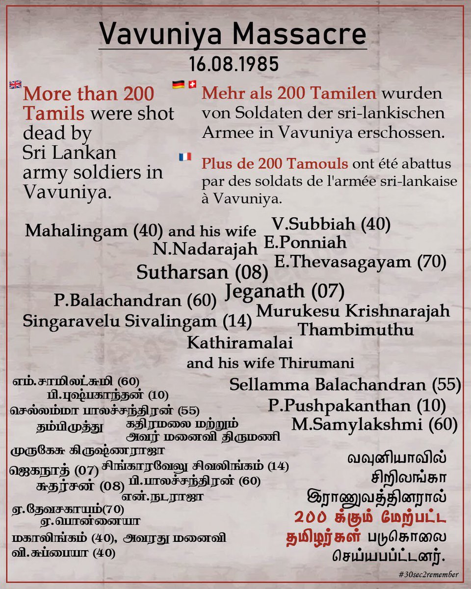 16.08.1985 #VavuniyaMassacre More than 200 #Tamils were #shotdead by #SriLankan army soldiers in #Vavuniya #30sec2remember #EelamTamilGenocide #Genocide